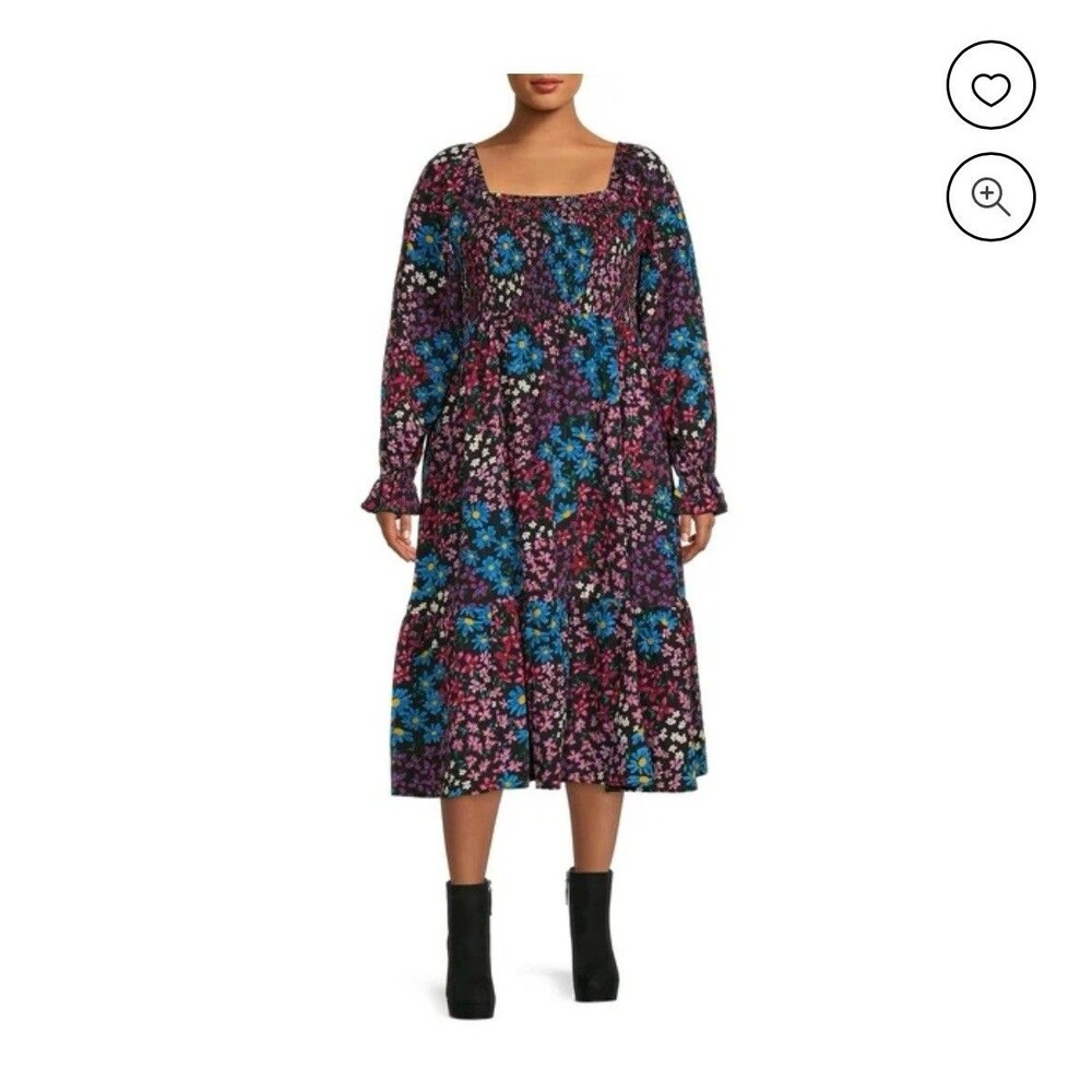 Terra & Sky Women's Plus Size Square Neck Peasant Dress Sz 3x Cottagecore Floral